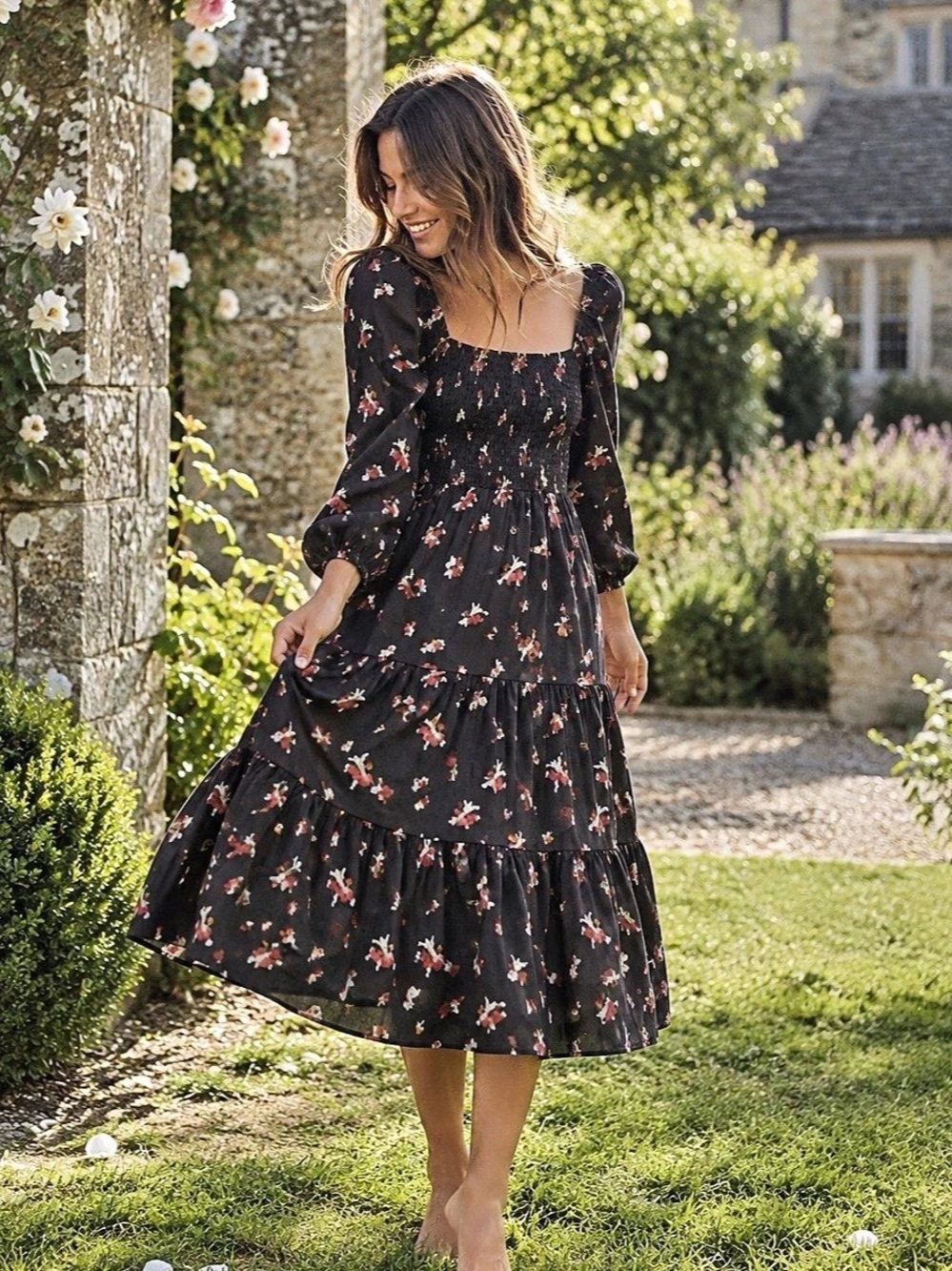 Hill House Home The Nap Dress Black Floral Long Sleeve Smocked Tiered Midi Dress